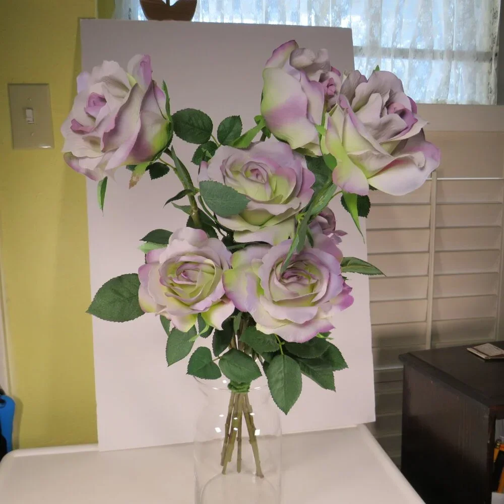 Lavender Purple Roses (7) single long stem silk flowers with soft fabric petals